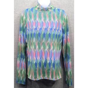 ANTHROPOLOGIE Womens Blouse, Green/Blue, Sheer, Long Sleeve, Mock Neck, Medium